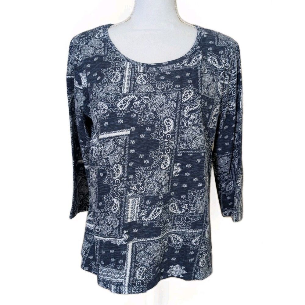 Back In The Saddle Top Womens S Blue Paisley Print 3/4 Sleeve Casual Cotton